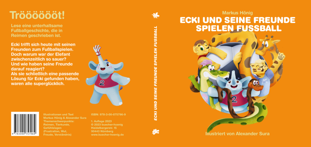 Vor- und Rückseite des Kinderbuches Ecki und seine Freunde spielen Fußball.